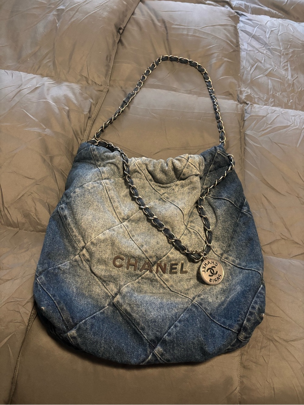 Denim Quilted Shoulder Hobo with Chain Strap